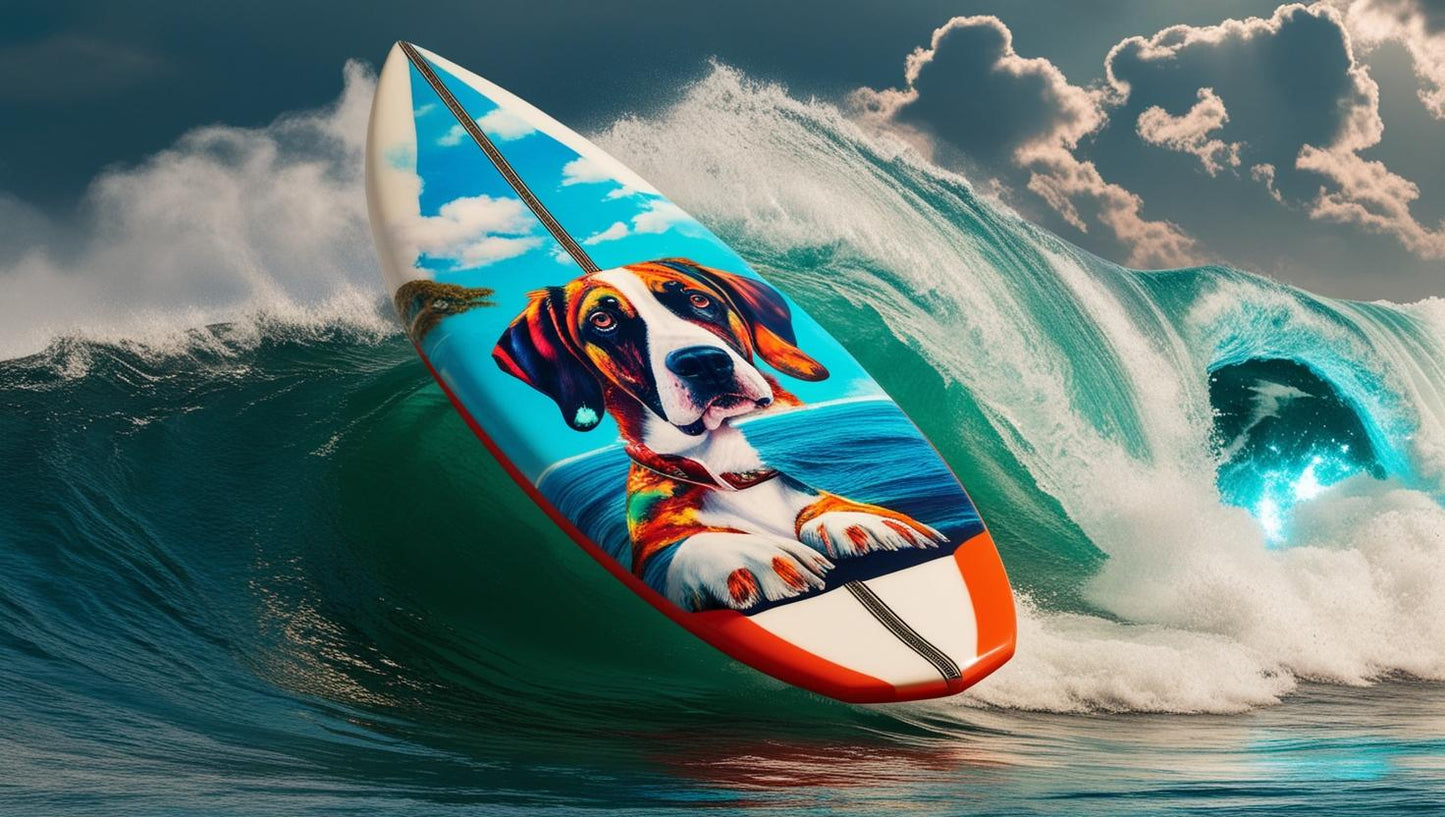 Surfboard with dog print