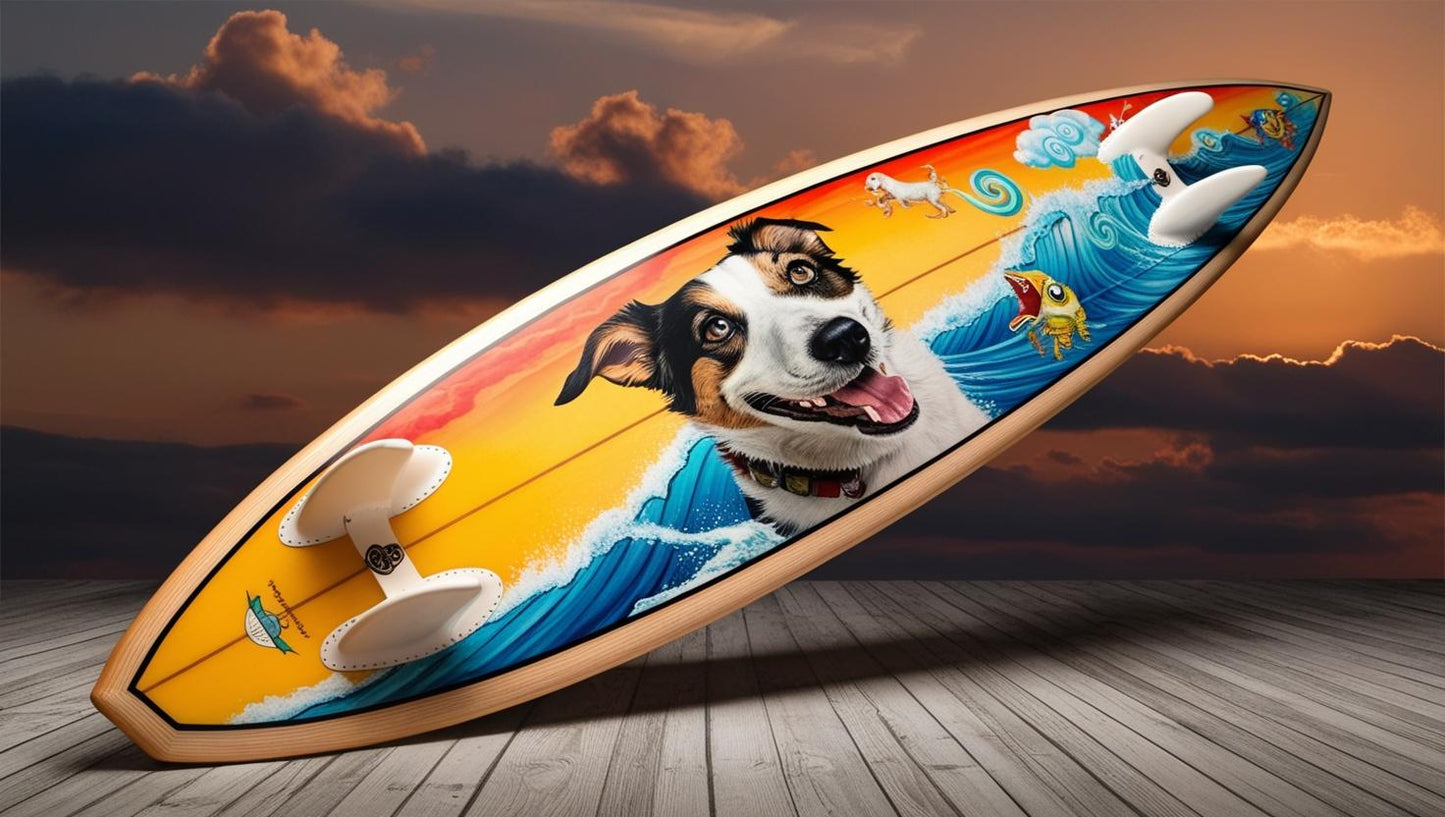 Surfboard with dog print