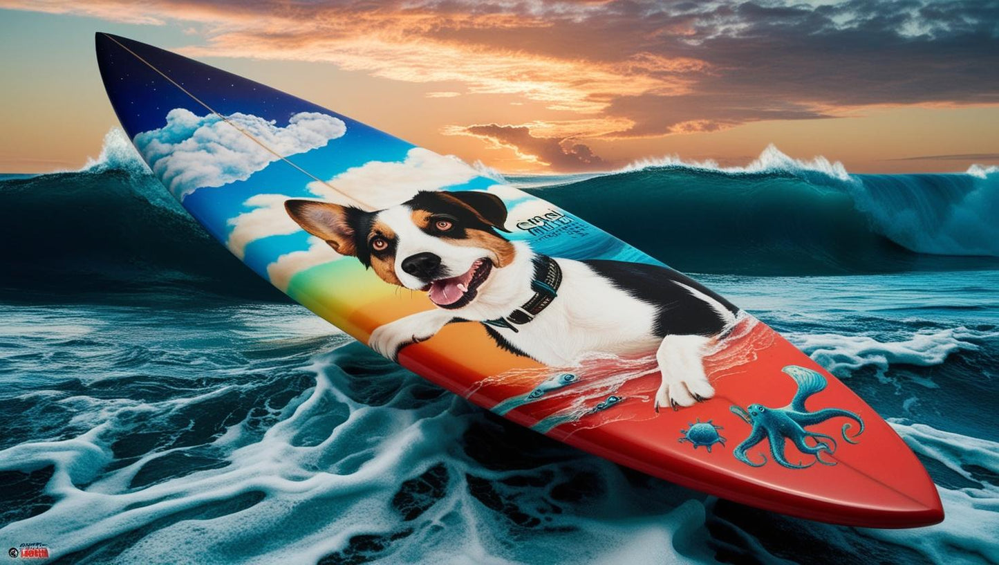 Surfboard with dog print