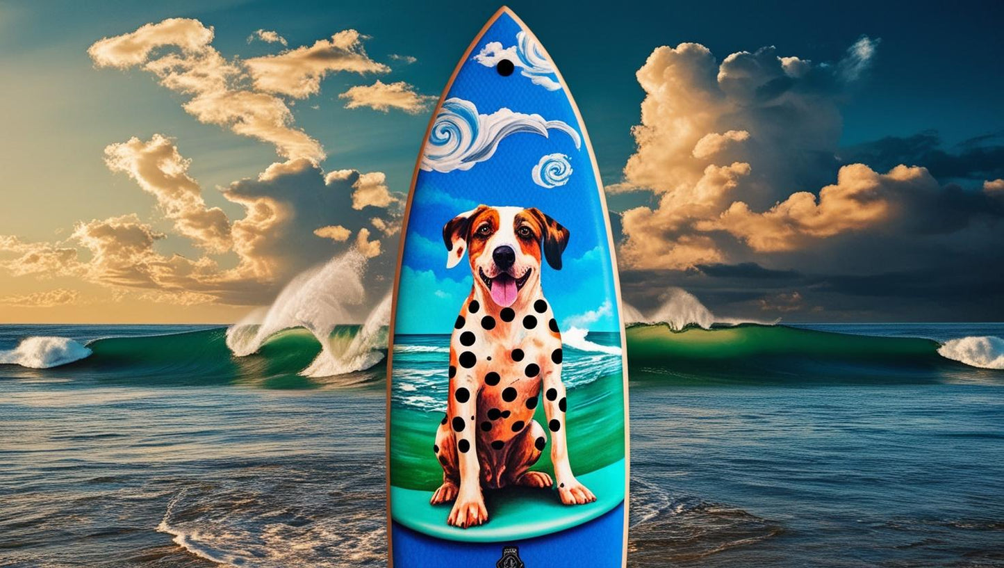 Surfboard with dog print